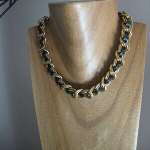 Vintage Joan Rivers Gold Tone Braided Black Faux Leather Chunky Choker Necklace